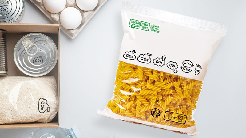 sacchetto di pasta con scritto CO2 e scatolame